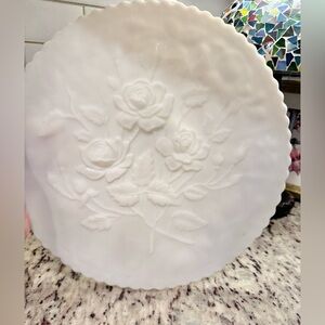 Imperial Glass Rose Embossed Milk Glass Cake Plate